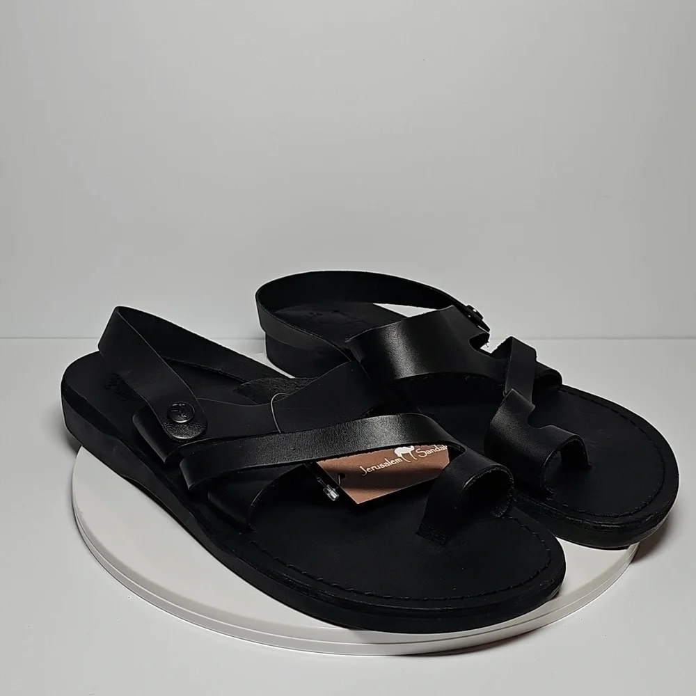 Jerusalem Amos Flat Sandals Ankle Strap Toe Loop‎ Adjustable Leather Black 13 46